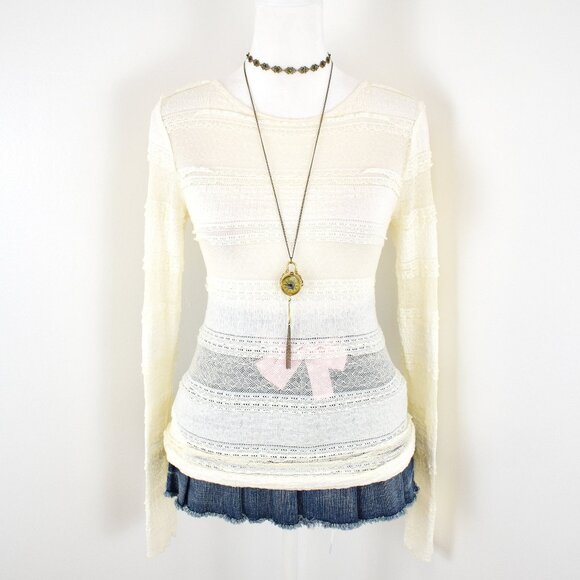 Y2K BCBGMaxAzria Cream White Sheer Mesh Striped Lace Fitted Long Sleeve Top Sz S - Picture 1 of 8